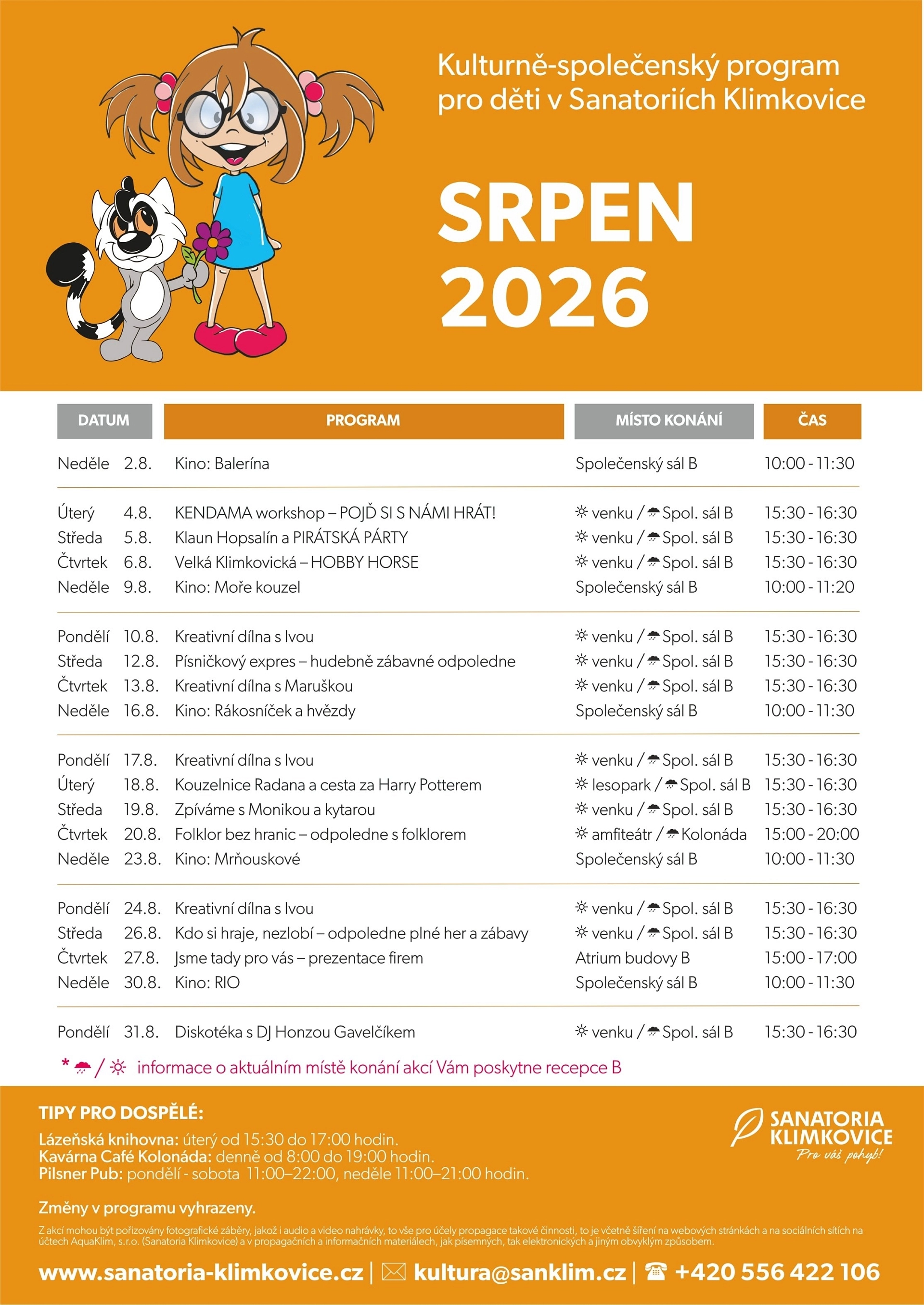 Měsíční program kulturních a společenských akcí pouze pro ubytované děti v Sanatoriích Klimkovice – srpen 2026
