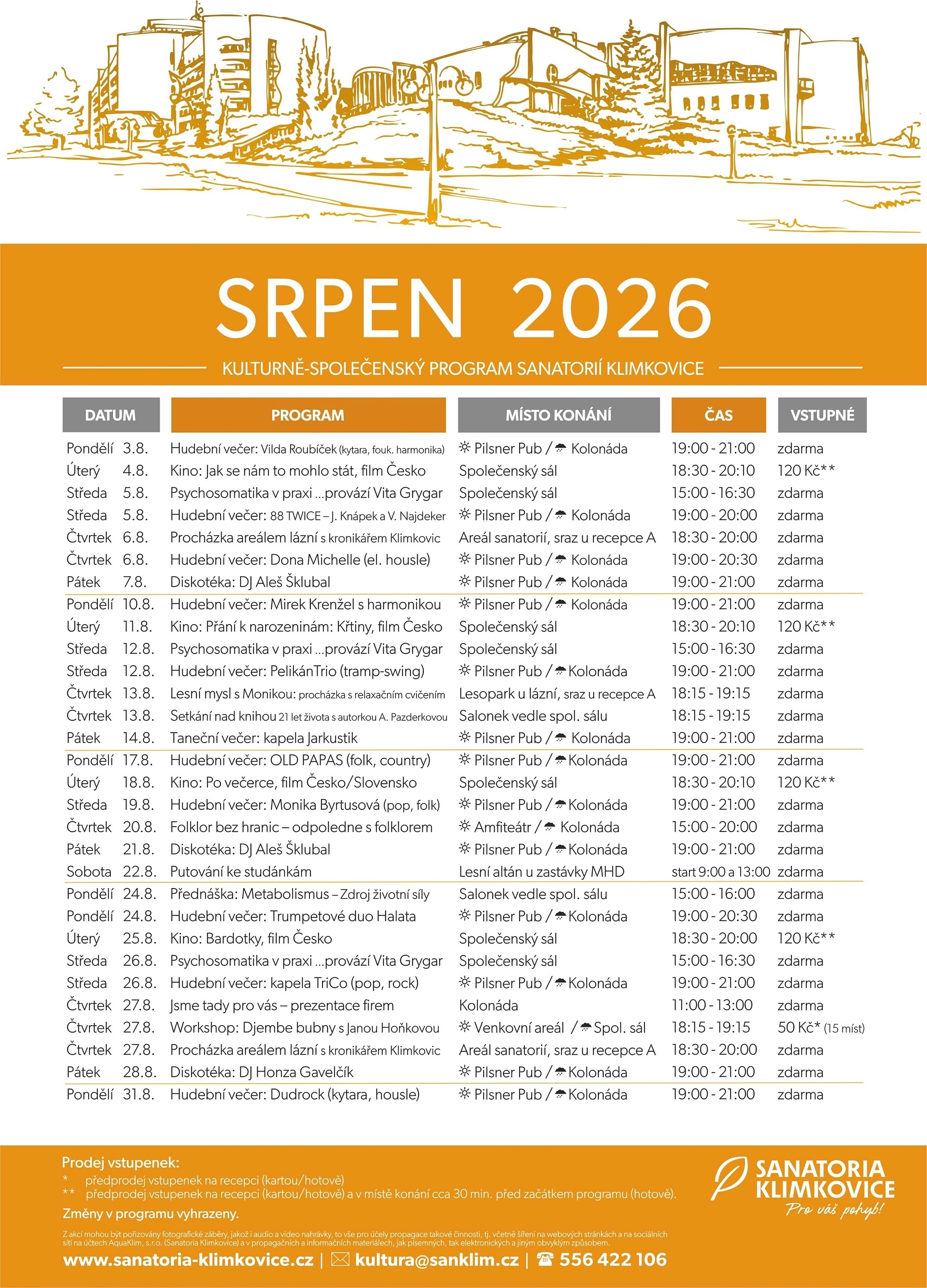 Měsíční program kulturních a společenských akcí v Sanatoriích Klimkovice – Srpen 2026