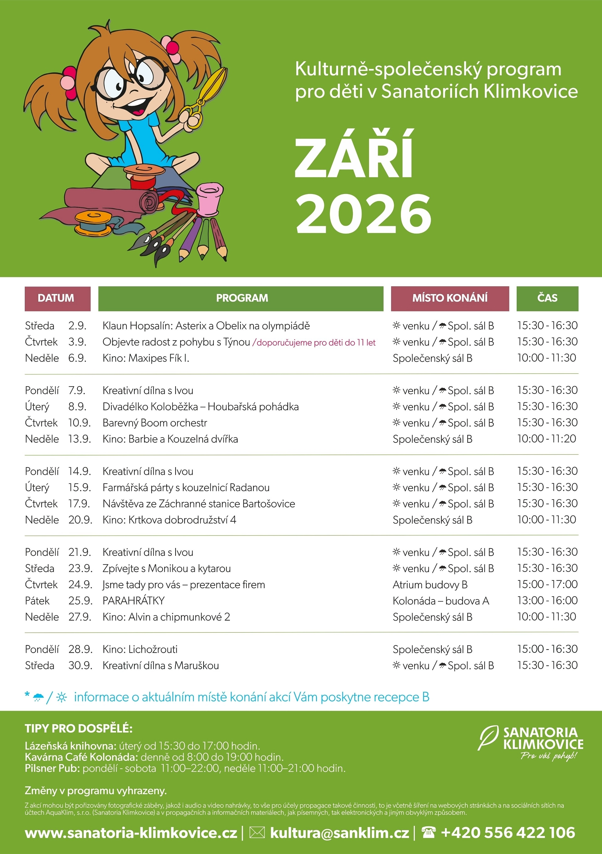 Měsíční program kulturních a společenských akcí pouze pro ubytované děti v Sanatoriích Klimkovice – srpen 2026