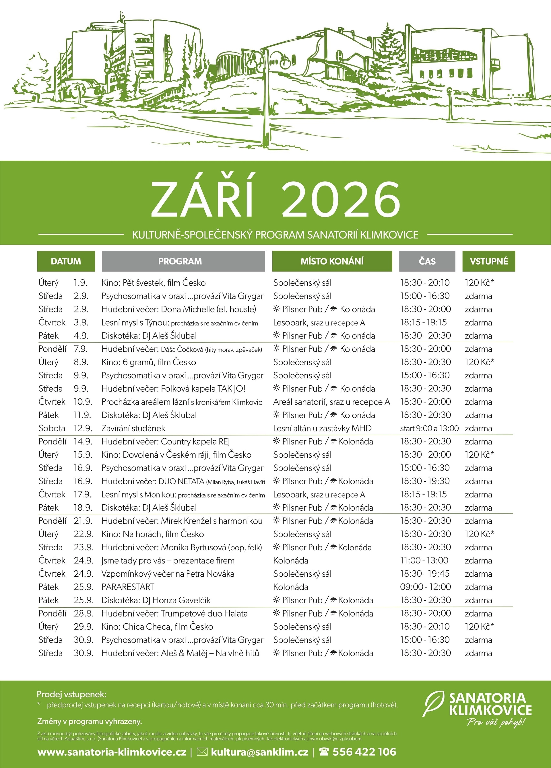 Měsíční program kulturních a společenských akcí v Sanatoriích Klimkovice – červenec 2026