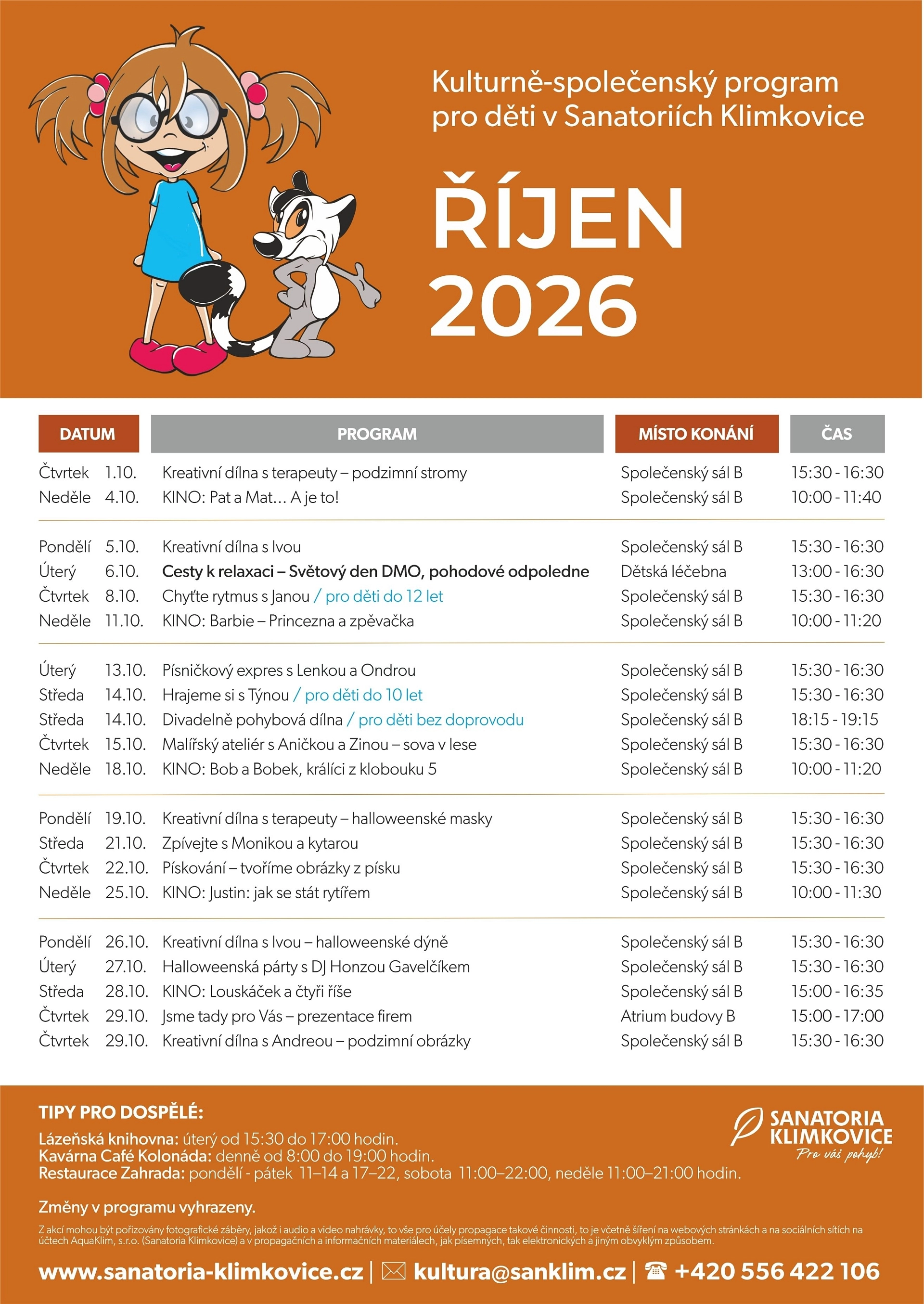 Měsíční program kulturních a společenských akcí pouze pro ubytované děti v Sanatoriích Klimkovice – srpen 2026