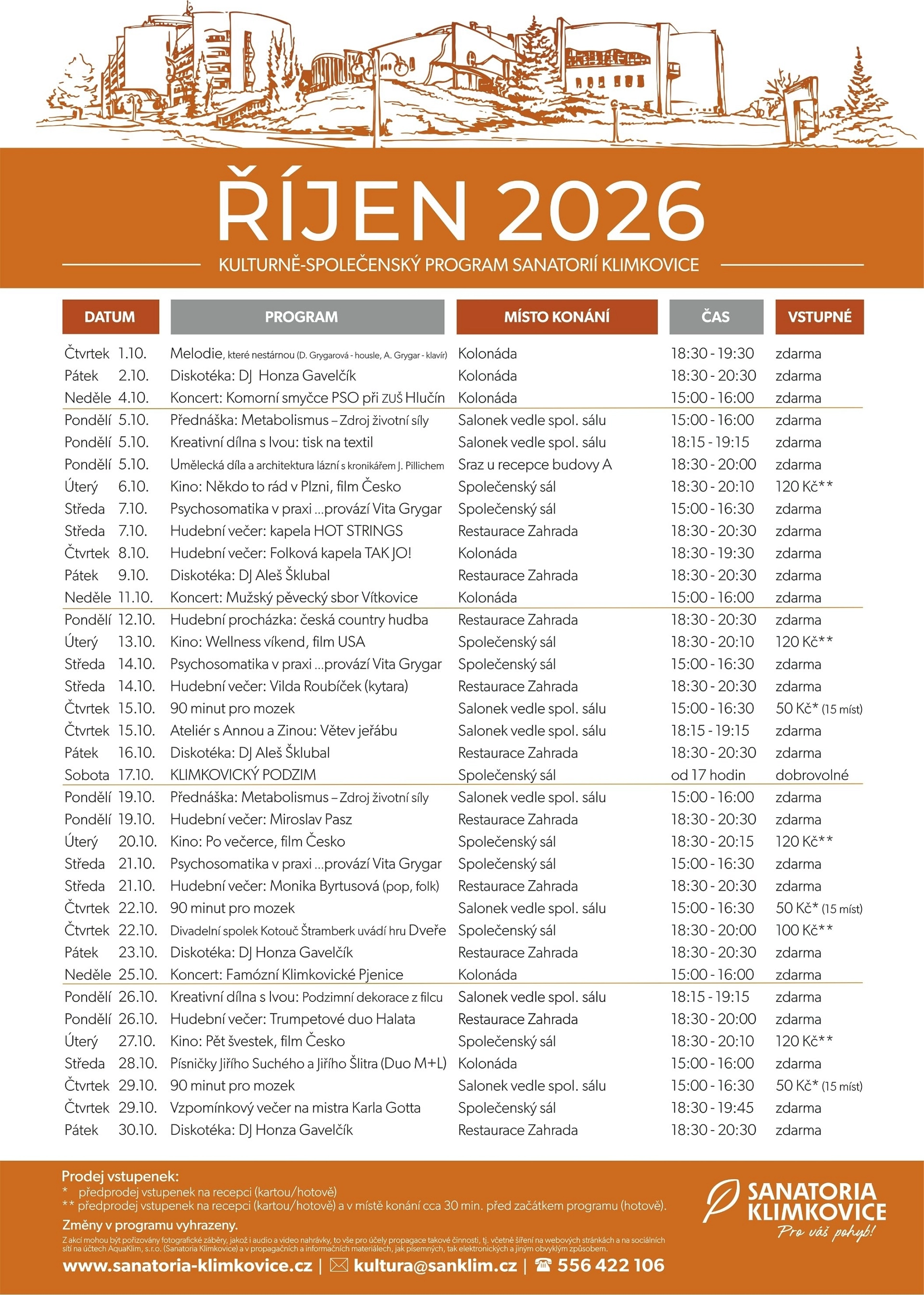 Měsíční program kulturních a společenských akcí v Sanatoriích Klimkovice – Srpen 2026